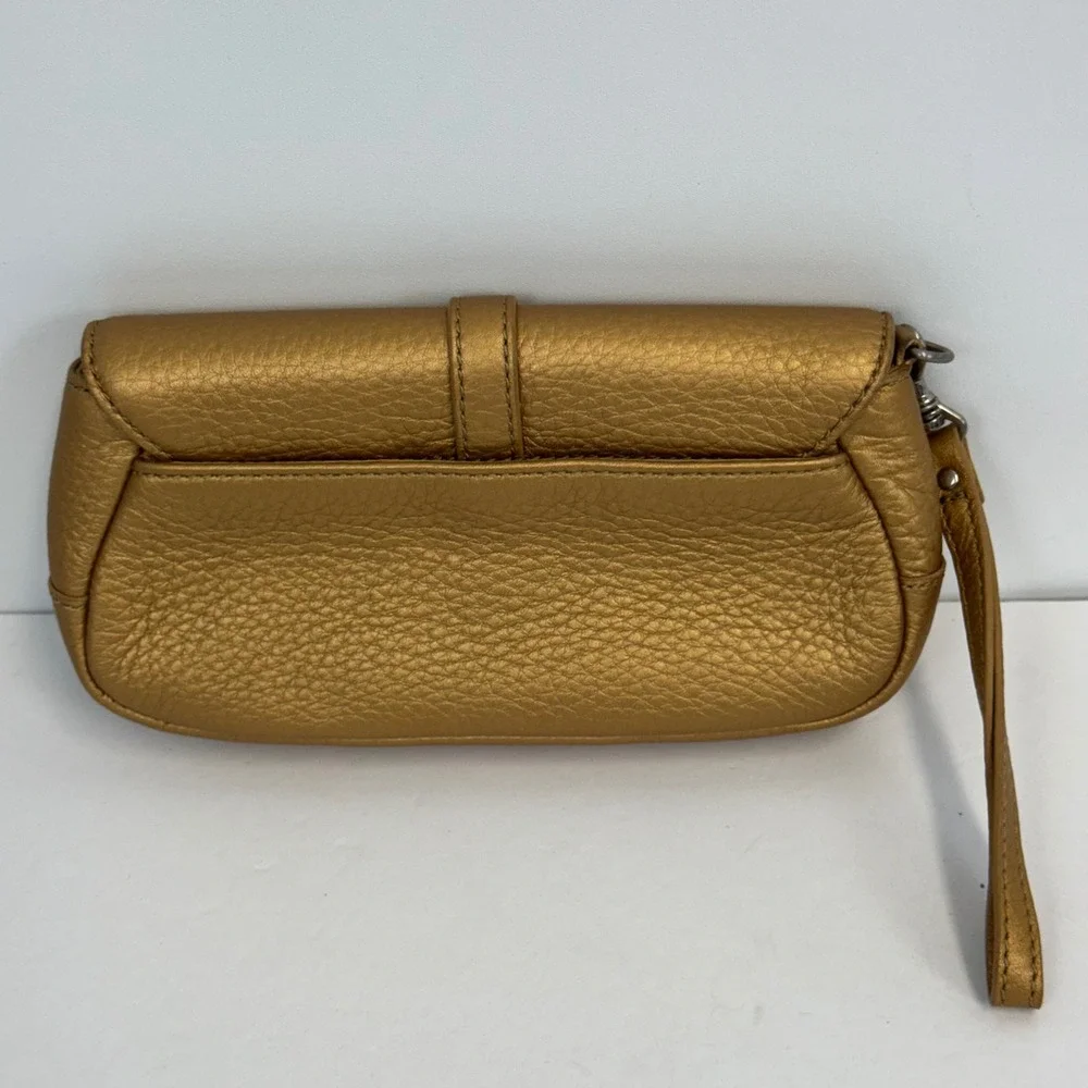 Talbots Metallic Gold Pebbled Leather Wristlet Clutch Bag Silver Buckle‎ Detail